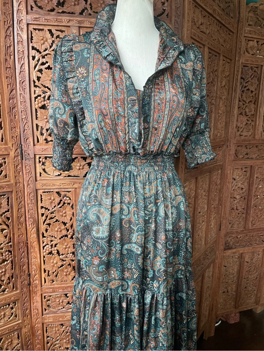 Vintage Boho Festival Western Paisley Tiered Ruffle Maxi Dress - Picture 7 of 16
